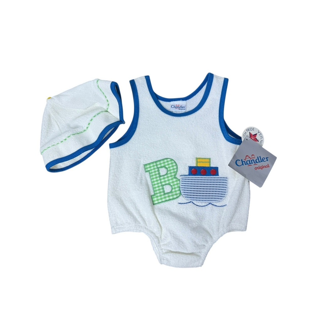 Vintage Chandler White‎ Terry Cloth Beach Baby blue One Piece Romper 24 mont